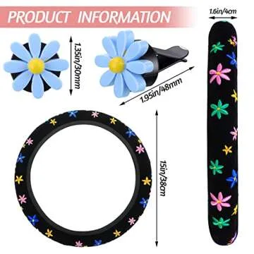 Cute Flower Car Accessories Set for Women Girls Embroidery Floral Steering Wheel Cover for Universal Fit 14.5-15 Inch with 8 Pcs Colorful Daisy Car Air Vent Clips Automotive Car Interior Decorations
