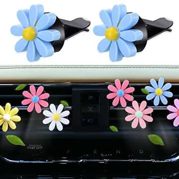 Cute Flower Car Accessories Set for Women Girls Embroidery Floral Steering Wheel Cover for Universal Fit 14.5-15 Inch with 8 Pcs Colorful Daisy Car Air Vent Clips Automotive Car Interior Decorations