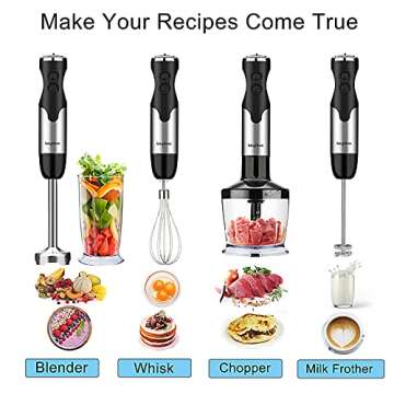 Keylitos 5 in1 Immersion Hand Blender, Powerful 12 Speed Handheld Stick Blender with 304 Stainless Steel Blades, Chopper, Beaker, Whisk and Milk Frother for Smoothie, Baby Food, Sauces Red,Puree, Soup