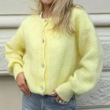 Women Button Down Cardigan Long Sleeve Knit Sweater Top Lightweight Fall Sweater Casual Going Out Streetwear(Yellow,M)