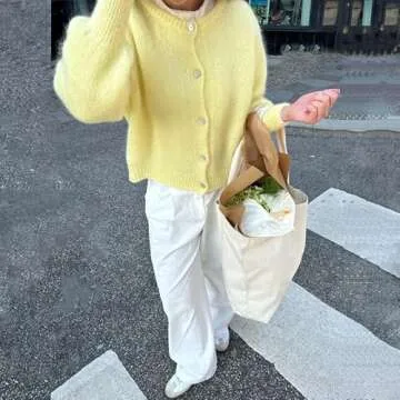 Women Button Down Cardigan Long Sleeve Knit Sweater Top Lightweight Fall Sweater Casual Going Out Streetwear(Yellow,M)