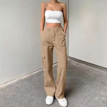 Women's 6 Pockets High Waisted Wide Leg Cargo Pants - Trendy Combat Trousers