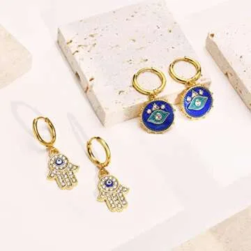 Stylish Evil Eye Earrings - 18K Gold Plated - 2 Pairs