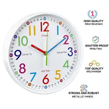 AIRUIFU Silent Learning Wall Clock for Kids - 12 Inches