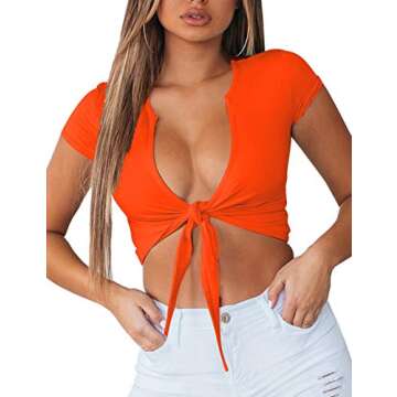 BORIFLORS Women's Sexy Tie Up Crop Top Short Sleeve Deep V Neck Casual Basic T Shirt,Medium,Orange-Red