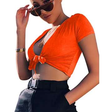 BORIFLORS Women's Sexy Tie Up Crop Top Short Sleeve Deep V Neck Casual Basic T Shirt,Medium,Orange-Red