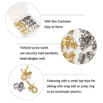 Craftdady 80Pcs Stainless Steel Cup Pearl Bail Pin Peg Pendants Gold Silver Metal Screw Eye Pinch Bails for Half Drilled Beads Charms Jewelry Making