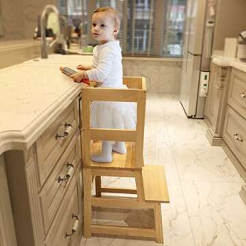 Kitchen Step Stool for Toddlers with Non-Slip Mat, Wood City Wooden Kids Montessori Learning Stool T...