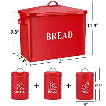 Red Bread Box with Canister Sets for Kitchen Countertop, E-far Metal Bread Bin Storage Container Hol...