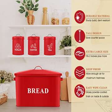 Red Bread Box with Canister Sets for Kitchen Countertop, E-far Metal Bread Bin Storage Container Holder for Modern Farmhouse Decor, Vintage Style & Extra Large - Holds 2+ Loaves Sugar Coffee Tea