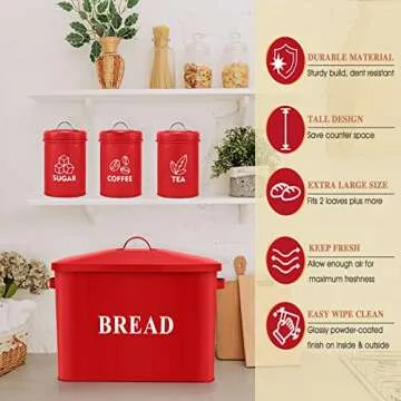 Red Bread Box with Canister Sets for Kitchen Countertop, E-far Metal Bread Bin Storage Container Holder for Modern Farmhouse Decor, Vintage Style & Extra Large - Holds 2+ Loaves Sugar Coffee Tea