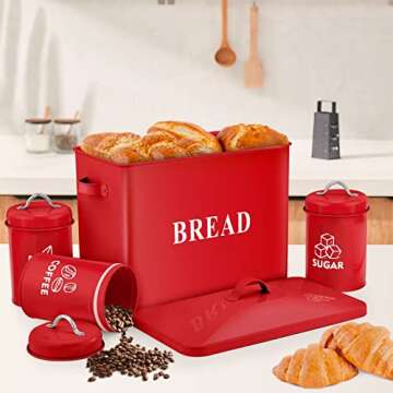 Red Bread Box with Canister Sets for Kitchen Countertop, E-far Metal Bread Bin Storage Container Holder for Modern Farmhouse Decor, Vintage Style & Extra Large - Holds 2+ Loaves Sugar Coffee Tea