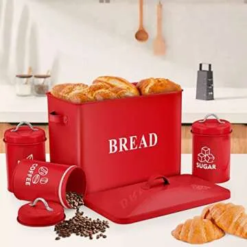 Red Bread Box with Canister Sets for Kitchen Countertop, E-far Metal Bread Bin Storage Container Holder for Modern Farmhouse Decor, Vintage Style & Extra Large - Holds 2+ Loaves Sugar Coffee Tea