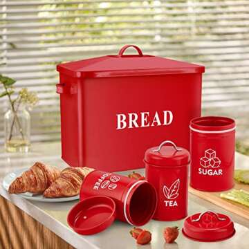 Red Bread Box with Canister Sets for Kitchen Countertop, E-far Metal Bread Bin Storage Container Holder for Modern Farmhouse Decor, Vintage Style & Extra Large - Holds 2+ Loaves Sugar Coffee Tea