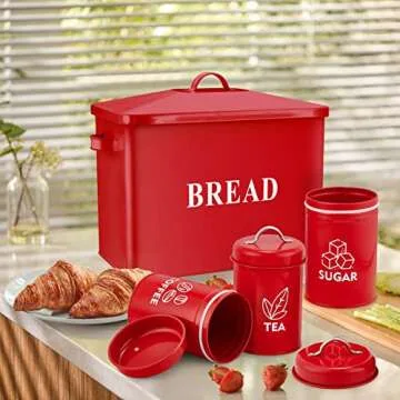 Red Bread Box with Canister Sets for Kitchen Countertop, E-far Metal Bread Bin Storage Container Holder for Modern Farmhouse Decor, Vintage Style & Extra Large - Holds 2+ Loaves Sugar Coffee Tea