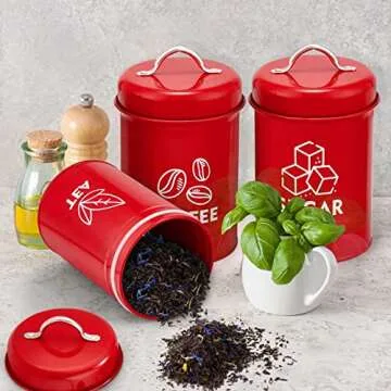 Red Bread Box with Canister Sets for Kitchen Countertop, E-far Metal Bread Bin Storage Container Holder for Modern Farmhouse Decor, Vintage Style & Extra Large - Holds 2+ Loaves Sugar Coffee Tea