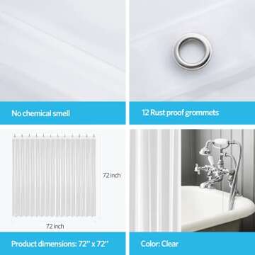 EHZNZIE Clear Shower Curtain Liner Light Weight PEVA, Shower Liner 72x72 Inches, Waterproof, No Chemical Smell with 12 Rust Proof Metal Grommets for Bathroom Shower Curtain