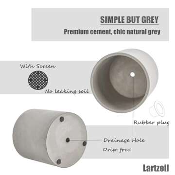 Lartzell Plant Pots, 4.7 Inch Planters for Indoor Plants, Grey Cement Flower Pot with Drain Hole, Modern Concrete Planters for Home Office & Outdoor Decor