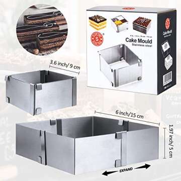 2 Piece Adjustable Cake Mold Ring Set, Stainless Steel Round Cake Mold and Square Cake Mousse Mold for Home Kitchen Baking Cooking Supplies, 6-12 Inch, 3.6-6 Inch