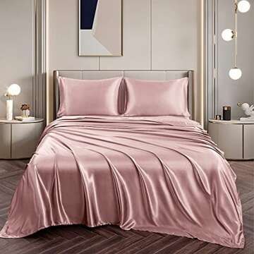 Vonty Satin Sheets Full Size Soft Silk Bed Sheets Set Rose Gold