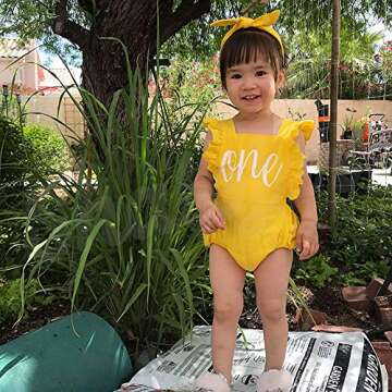 Shalofer Baby Girls One Year Old Outfits First Birthday Clothes Cute Backless Ruffles Jumpsuit with Headband (Yellow,12-18 Months)