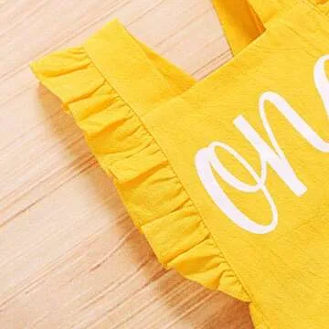 Shalofer Baby Girls One Year Old Outfits First Birthday Clothes Cute Backless Ruffles Jumpsuit with Headband (Yellow,12-18 Months)