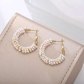 Winssigma Floral Hoop Earrings - Elegant Cream White Beads