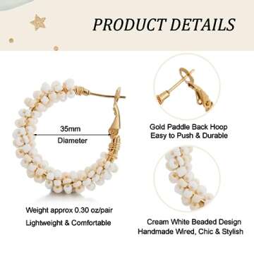 Winssigma Floral Hoop Earrings - Elegant Cream White Beads