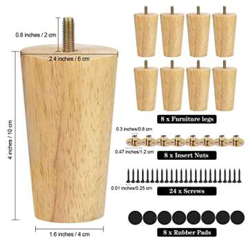 Ruisita 8 Pieces Furniture Couch Legs 4 Inch Round Solid Wood Sofa Legs Natural Wooden Couch Legs Re...