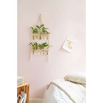 Mkono Wall Hanging Glass Planter with Macrame Hanger, Boho 2 Tier Propagation Tube Vase Plant Terrarium with Wooden Stand for Propagating Hydroponic Plants, Home Office Room Decor Women Gift Idea