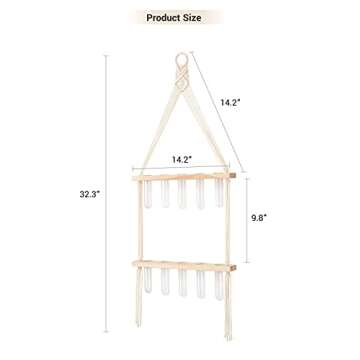 Mkono Wall Hanging Glass Planter with Macrame Hanger, Boho 2 Tier Propagation Tube Vase Plant Terrarium with Wooden Stand for Propagating Hydroponic Plants, Home Office Room Decor Women Gift Idea
