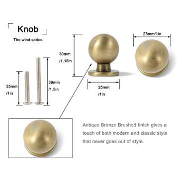 khtumeware Brushed Antique Brass Cabinet knobs,20 Pack 1inch Kitchen Cabinet knobs Ball Dresser knob...