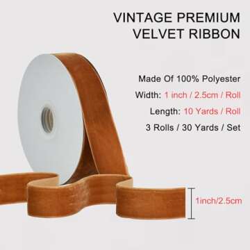 TONIFUL Velvet Ribbons Set, 1" x 30Yd, Khaki, Brown, White, 3 Colors, 10Yd/roll, for Christmas Wreat...