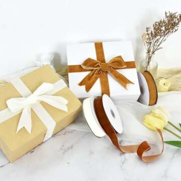 TONIFUL Velvet Ribbons Set, 1" x 30Yd, Khaki, Brown, White, 3 Colors, 10Yd/roll, for Christmas Wreath Decoration Handmade Craft Ornaments Gift Wrapping Bow Making & Valentine's Day Bouquet Wrap