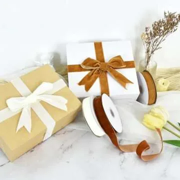 TONIFUL Velvet Ribbons Set, 1" x 30Yd, Khaki, Brown, White, 3 Colors, 10Yd/roll, for Christmas Wreath Decoration Handmade Craft Ornaments Gift Wrapping Bow Making & Valentine's Day Bouquet Wrap