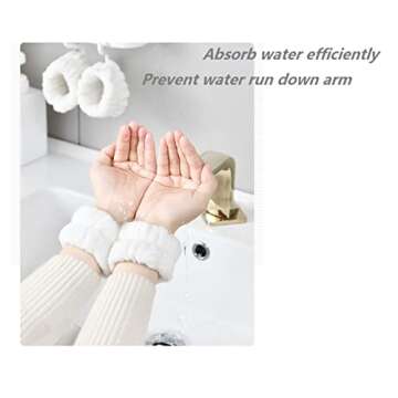PEARLISH 2pc (1 Pair) White Wrist Towels for Washing Face and Skincare Spa, Microfiber Flannel Wrist Washband, Face Washing Wristbands for Women Girls, Prevent Water Running Down Your Arms