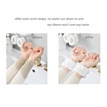 PEARLISH 2pc (1 Pair) White Wrist Towels for Washing Face and Skincare Spa, Microfiber Flannel Wrist Washband, Face Washing Wristbands for Women Girls, Prevent Water Running Down Your Arms