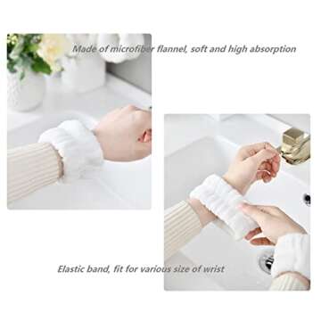 PEARLISH 2pc (1 Pair) White Wrist Towels for Washing Face and Skincare Spa, Microfiber Flannel Wrist Washband, Face Washing Wristbands for Women Girls, Prevent Water Running Down Your Arms