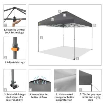 CROWN SHADES Adjustable Height on The Fly, 10x10 Pop Up Canopy - Beach Tent with One Push Setup - Easy Outdoor Sun Shade for Events, Parties, Camping - Outside Shade with STO-N-Go Bag, Grey