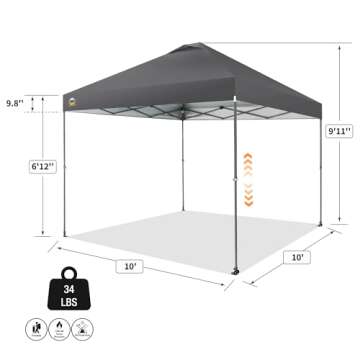 CROWN SHADES Adjustable Height on The Fly, 10x10 Pop Up Canopy - Beach Tent with One Push Setup - Easy Outdoor Sun Shade for Events, Parties, Camping - Outside Shade with STO-N-Go Bag, Grey