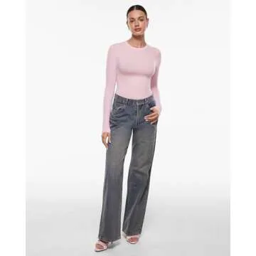 INLYRIC Women's Long Sleeve T-Shirts Crew Neck Basic Fitted Slim Crop Tops Going Out Trendy Tops Spring Tees Sweet Pink Small