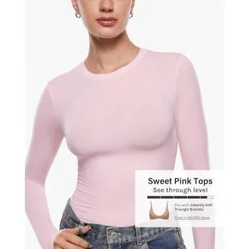 INLYRIC Women's Long Sleeve T-Shirts Crew Neck Basic Fitted Slim Crop Tops Going Out Trendy Tops Spring Tees Sweet Pink Small