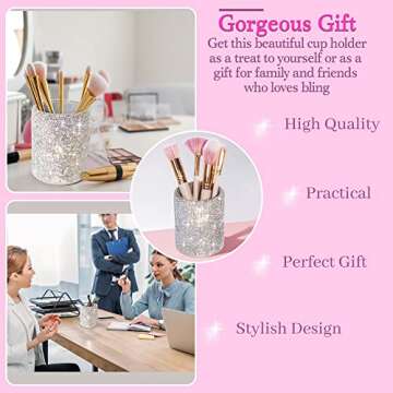 TISHAA Bling Cup Holder Organizer – Pen Pencil Office Desk Table Decorative Supplies Rhinestone Crystal Glitter Home Bedroom Vanity Makeup Brush Storage Tumbler Bins Container Accessories