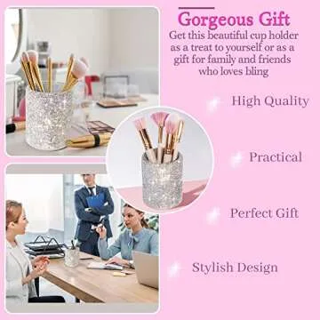 TISHAA Bling Cup Holder Organizer – Pen Pencil Office Desk Table Decorative Supplies Rhinestone Crystal Glitter Home Bedroom Vanity Makeup Brush Storage Tumbler Bins Container Accessories