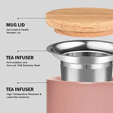 COYMOS Ceramic Tea Mug with Infuser and Lid, 16oz Loose Leaf Tea Cup Large Handle Teaware Mug, Christmas Gifts for Women, Mothers Day Gifts for Mom Tea Gift Sets for Tea Lover (Pink)