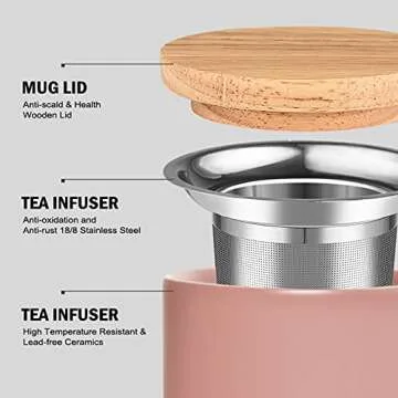 COYMOS Ceramic Tea Mug with Infuser and Lid, 16oz Loose Leaf Tea Cup Large Handle Teaware Mug, Christmas Gifts for Women, Mothers Day Gifts for Mom Tea Gift Sets for Tea Lover (Pink)