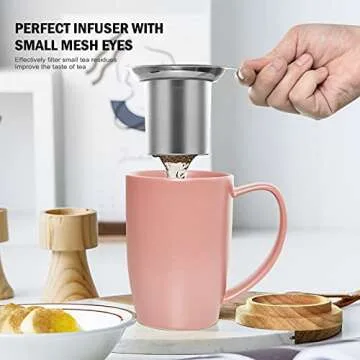 COYMOS Ceramic Tea Mug with Infuser and Lid, 16oz Loose Leaf Tea Cup Large Handle Teaware Mug, Christmas Gifts for Women, Mothers Day Gifts for Mom Tea Gift Sets for Tea Lover (Pink)