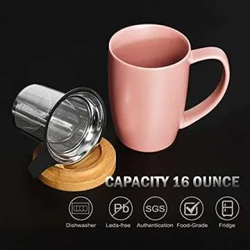 COYMOS Ceramic Tea Mug with Infuser and Lid, 16oz Loose Leaf Tea Cup Large Handle Teaware Mug, Christmas Gifts for Women, Mothers Day Gifts for Mom Tea Gift Sets for Tea Lover (Pink)