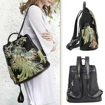 Fashion Glitter Embroidery Women Backpack Purse in Black