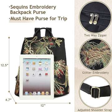 Fashion Glitter Embroidery Women Backpack Purse in Black